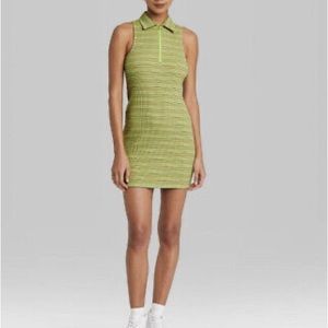 Wild Fable Women's Sleeveless Zip Front Bodycon Polo Dress Green Apple Stripe
